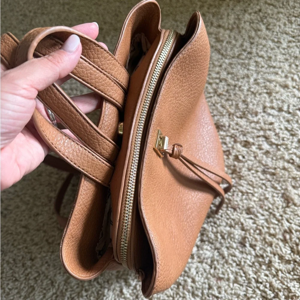 Women's Tan Leather Backpack Tote with Tassel